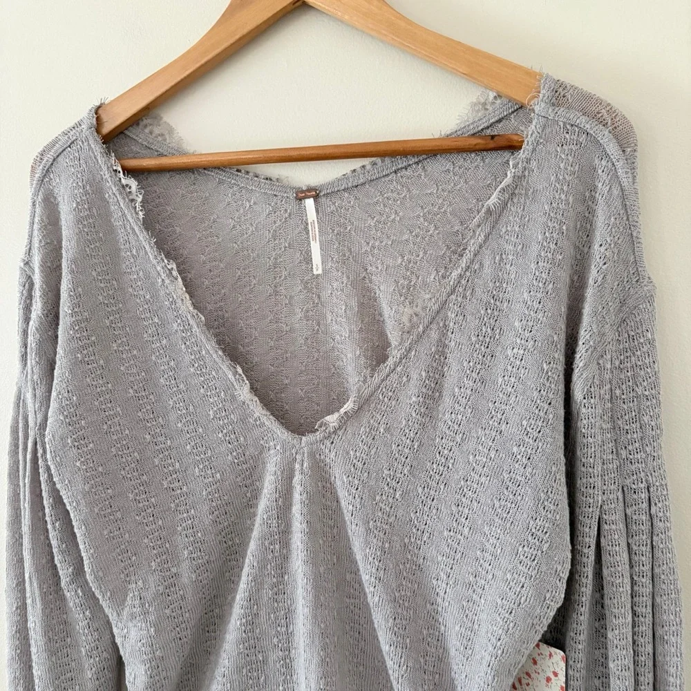Free People Top Dream Girl Small Storm Grey Boho Pointelle Knit V-Neck Raw Edge